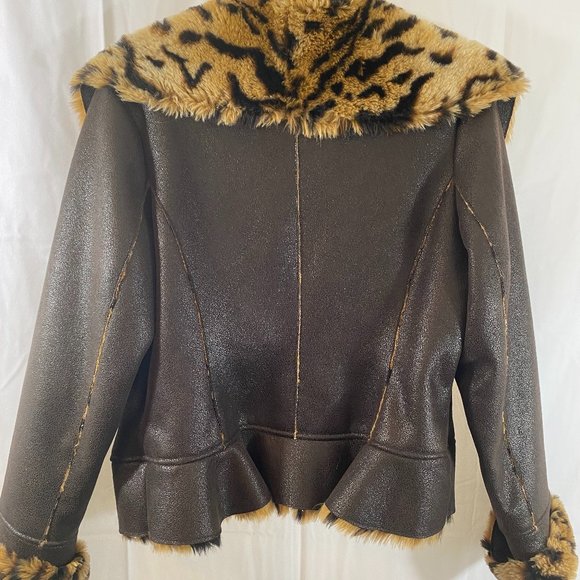 SOLD Incognita Brown Faux Leather Animal Print & Fur Lined Jacket NWOT - Picture 3 of 16